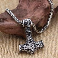 Norse Vikings Thor's Hammer Mjolnir Scandinavian Rune Amulet Necklace Stainless Steel Chain Vegvisir Anchor Pendant Male Jewelry 55cm