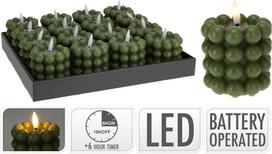 Žvakė su LED, žalios sp., 7,5 x 7,5 cm