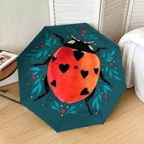1pc Ladybug Heart Automatic Folding Umbrella 8 Rib Iron Frame, Compact Portable Umbrella Suitable for Travel, Daily Use, Birthday, Women & Men Gift