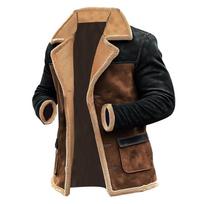 Men's Brown Suede Shearling Biker Jacket with Leather Sleeves and Button Front S ruda