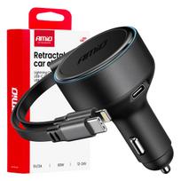 Automobilinis įkroviklis su ištraukiamu C kabeliu, Lightning ir USB-C 12/24V 60W AMIO-04370