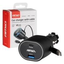 Greitas automobilinis įkroviklis 3.0 su 30W USB-C ištraukiamu kabeliu PD20W AMIO-04176
