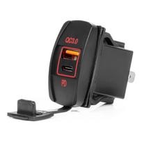 Vandeniui atsparus telefono įkroviklis su raudonu LED apšvietimu, USB + USB C QC3.0 12/24V AMIO-04229