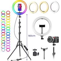 RGB žiedinė lempa su trikojo stovu, 192 cm telefono laikiklis, žiedinė lempa, žiedinė šviestuvas, spalvotas apšvietimas, makiažo lempa, fotosesijų reikmenys.