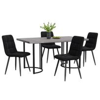 Valgomojo komplektas: stalas 140×80 cm ir 4 kėdės, MDF pilkas stalviršis, juodos metalinės kojos, 5 vnt