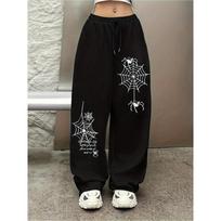 Women's Wide Leg Spider Print Pants with Elastic Drawstring Waistband - Winter Wide Leg Jogging Pants, Suitable for Casual Wear S