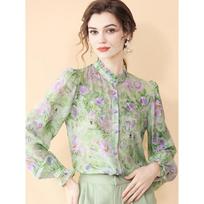 Women's Light Green Floral Blouse Ruffled Stand Collar Puff Sleeve Sheer Top L žalia