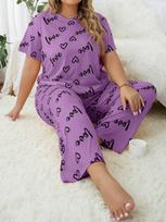 European & American Style Plus Size Heart Crew Neck Pajama Set - Short Sleeve & Long Pants 4XL violetinė