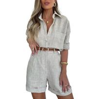 2 Pcs/Set Women Shirt Shorts Set with Belt Solid Color Long Sleeves XL šviesiai pilka spalva