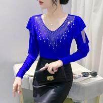 Women's Royal Blue Rhinestone Fringe Ruffle Sleeve Sheer Cutout Slim Fit Blouse L mėlyna