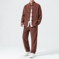Vyriški veliūriniai komplektai Vyriškos Tang kostiumo striukės + Kelnės Vyriški Kung Fu Tradiciniai kinų viršutiniai ir apatiniai komplektai Vyriški Tai Chi Hanfu Sportiniai kostiumai M kava