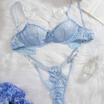 Europos & Amerikos Mėlynų Nėrinių Erotinis Lingerie Liemenėlės Rinkinys su Metaline Grandinėle Large