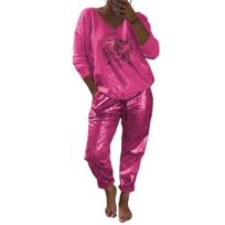 2 Pcs/Set Women Top Pants Set Eye Print Longs Sleeve V Neck M tamsiai mėlyna spalva