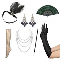 Retro 1920s Women Role Playing Accessories Set Feather Headband Satins Gloves 1