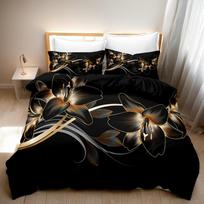 Luxurious Duvet Cover Set Modern Black Golden Floral Print Soft Breathable Bedding Includes 1 Duvet Cover and 2 Pillowcases 135X200cm