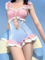 Sweet And Girly One,piece Swimsuit  Blocking And A Bow. L