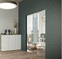 Paslėptų stiklo stumdomų durų be  apvadų sistemos komplektas Essential GOLD DOUBLE GLASS  gipso sienai 2100x1400x100  (gipso profilis 75mm pločio), be stiklo