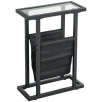 Šoninis staliukas su medžiagine kišene, metalinis rėmas, stiklinis stalviršis, juodas, 40×18×55,5 cm, 1 vnt