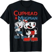 Cuphead & Mugman Juodi Klasikinio Kirpimo Marškinėliai - Suaugusiems, Apvalia Kaklo Iškirpte, Trumpomis Rankovėmis S juoda