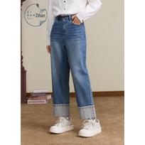 ZIHAN Women's Contrast Hem Straight-Leg Jeans L