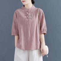 Women's Chinese Style Mandarin Collar Cotton-Linen Blouse | Retro  Loose Pullover T-Shirt M rožinė