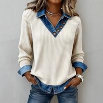 Women's Denim Collar Patchwork Knit Fake Two,Piece V,Neck Ribbed Long,Sleeve Casual Top S balta