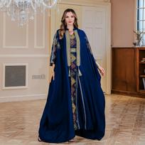 Luxurious Embroidered Muslim Evening Abaya Two-Piece Set Dress L rožinės rožinės spalvos