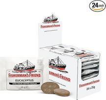 Fisherman's Friend Eucalyptus, 24 laikymo dėžutės, eukalipto ir mentolio skonio, su cukrumi ir veganais, saldainiai gaiviam burnos kvapui, 24 x 25 g