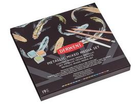 Spalvotas pieštukas Derwent Metallic 12vnt.+akvareliniai dažai Metallic 6 kubelių+teptukas su indeliu vandeniui