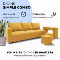 Išskleidžiamas dvigulės sofos komplektas su staliuku ir pufais „Simple Combo“, „Podrez“, geltonos spalvos