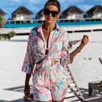 European and American Retro Print High-quality Suit Loose Lapel Long-sleeved Shirt High Waist Shorts Two-piece Set S rožinė