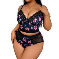 Didelio dydžio nėriniuotas gėlių rašto apatinio trikotažo komplektas - Camisole ir kelnaitės XL juoda