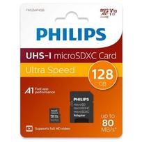 Philips Micro SDXC 128GB atminties kortelė, itin greita, skaitymo greitis iki 80MB/s, A1 greitas programėlių veikimas, V10, su adapteriu