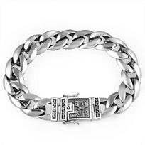 Vyriškas valdingas retro tailandietiško sidabro apyrankė su poliruotu rašto užsegimu Cuban Bracelet with Pattern [18cm]