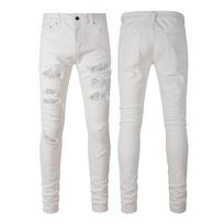 Men's White Rhinestone Ripped Skinny Jeans 29 džinsas/balta