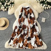 Spring Summer Women Elegant Vintage Print Elastic Waist Long Maxi Pleated Skirt Only Have One Size One Size balta