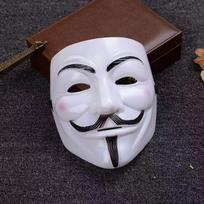 Hakerio kaukė, netikras veidas, paslaptingas cosplay galvos apdangalas, Anonymous kaukė, V už kerštą kaukė, pilnas veidas, gražus suaugęs vyras. juoda