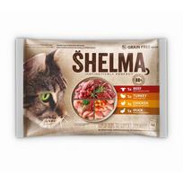 SHELMA turtingas vištiena, kalakutiena, jautiena ir antis - šlapias kačių maistas - 4x85g