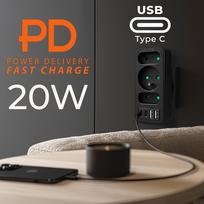 Maclean MCE248 F/B Skirstytuvas su 3 lizdais ir 4 USB prievadais