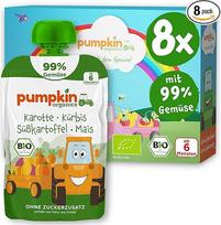"Pumpkin Organics" ekologiškos daržovių išspaudos 99% daržovių - 8 morkų, moliūgų, saldžiųjų bulvių, kukurūzų pakuotė - be pridėtinio cukraus¹ - nuo 6 mėnesio - kaip užkandis ar papildomas maistas keliaujant - (8 x