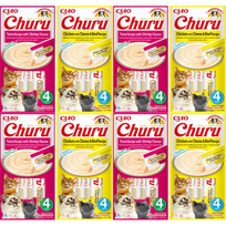 INABA Churu kačių skanėstai su tuno ir krevečių skonio 4x(4x14g) + Churu kačių skanėstai su vištienos, sūrio ir jautienos skonio 4x(4x14g)