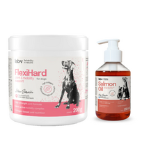 FlexiHard - sąnarių ir raumenų bei skeleto raumenų sistemos parama šunims 200 g + LAB V Lašišų aliejus šunims ir katėms 250ml