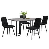 Valgomojo komplektas: stalas 140×80 cm ir aksominės kėdės, MDF stalviršis, metalinės kojos, pilka/juoda, 5 vnt.