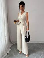 Women's Tie-Design Vest & Straight-Leg Pants Set Medium abrikosas