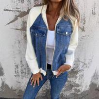 Denim Patchwork Knit Cardigan with Zipper Closure, Multiple Color Options S mėlyna