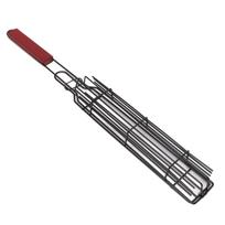 Kabob Grilling Baskets Lockable Iron Kebab Grill Grate with Wooden Handle for Grilling Vegetables Hot Dog Meat Red L raudona