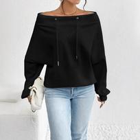 Women's Black Off Shoulder Hooded Top with Side Tie Details S juoda