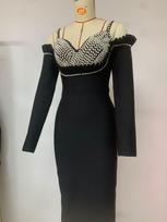 Elegant Black Rhinestone Long Sleeve Bandage Evening Dress Small juoda