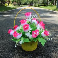 Šilkinio gėlių bonsai krepšelis - Dirbtinės rožės kapams ir memorialams, Nemokamas pristatymas tamsiai rausva spalva