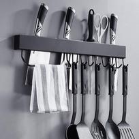Household Black 304 Stainless Steel Kitchen Wall Mounted Storage Rack Knife Holder(Length 40cm Black with 6 Hooks )